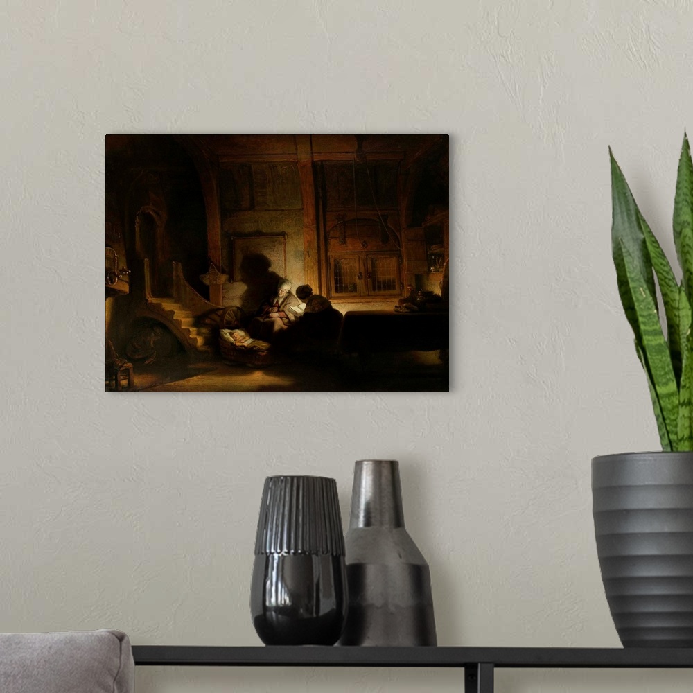 A modern room featuring The Holy Family at Night, by workshop of Rembrandt van Rijn, 1642-48, Dutch painting, oil on pane...
