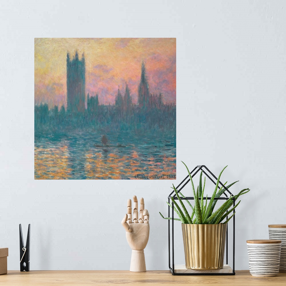 A bohemian room featuring The Houses of Parliament, Sunset, by Claude Monet, 1903, French impressionist painting, oil on ca...