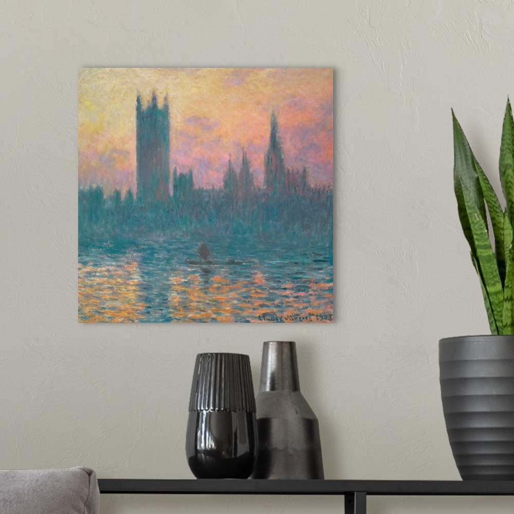 A modern room featuring The Houses of Parliament, Sunset, by Claude Monet, 1903, French impressionist painting, oil on ca...