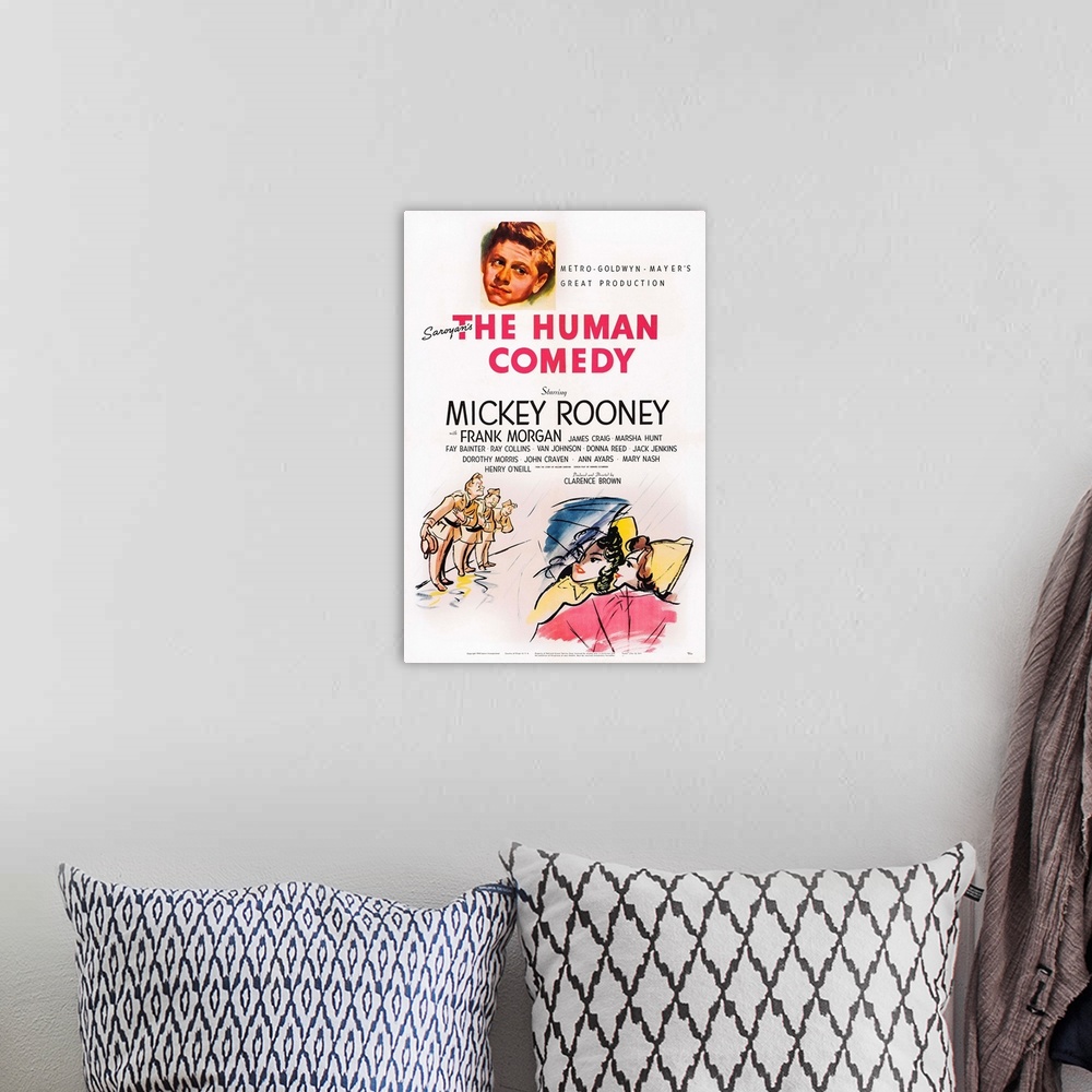 A bohemian room featuring Retro poster artwork for the film The Human Comedy.