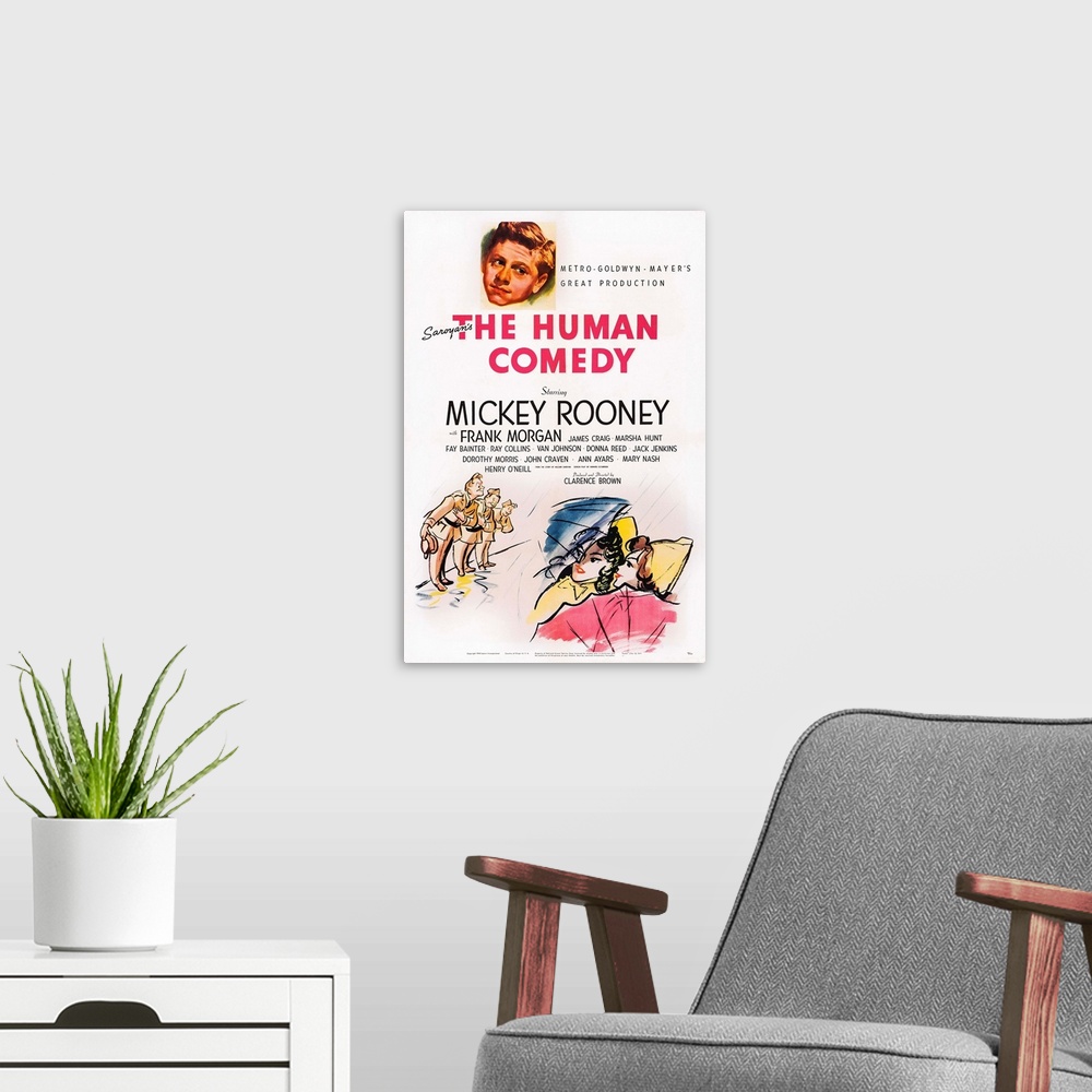A modern room featuring Retro poster artwork for the film The Human Comedy.