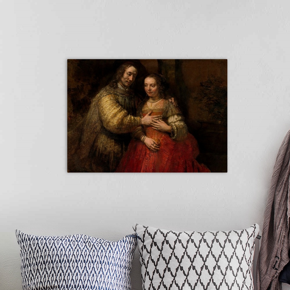 A bohemian room featuring The Jewish Bride, by Rembrandt van Rijn, c. 1665-69, Dutch painting, oil on canvas. Richly costum...