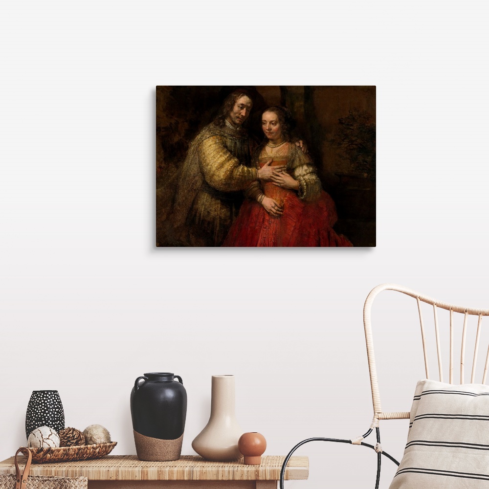 A farmhouse room featuring The Jewish Bride, by Rembrandt van Rijn, c. 1665-69, Dutch painting, oil on canvas. Richly costum...