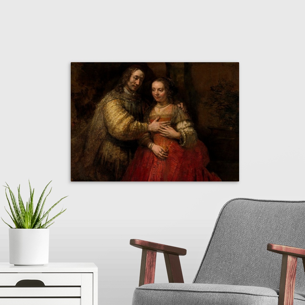 A modern room featuring The Jewish Bride, by Rembrandt van Rijn, c. 1665-69, Dutch painting, oil on canvas. Richly costum...