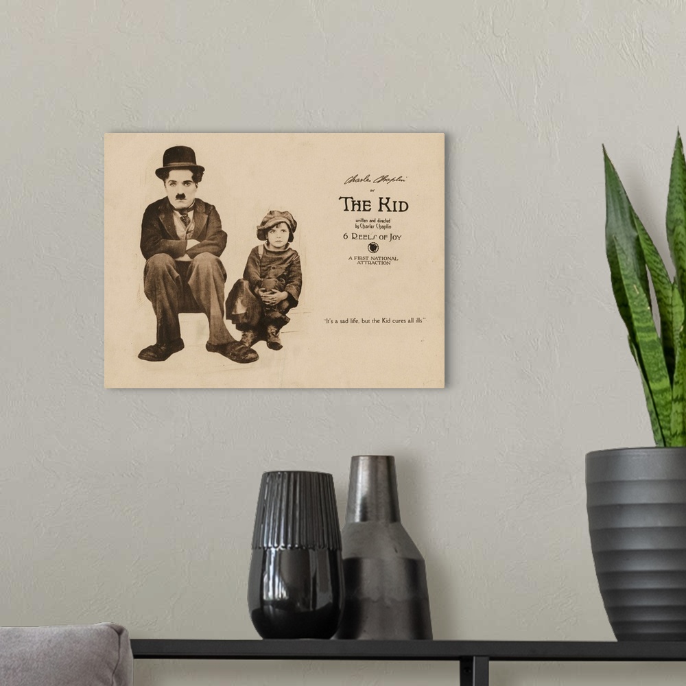 A modern room featuring The Kid, Lobbycard, From Left: Charles Chaplin, Jackie Coogan, 1921.