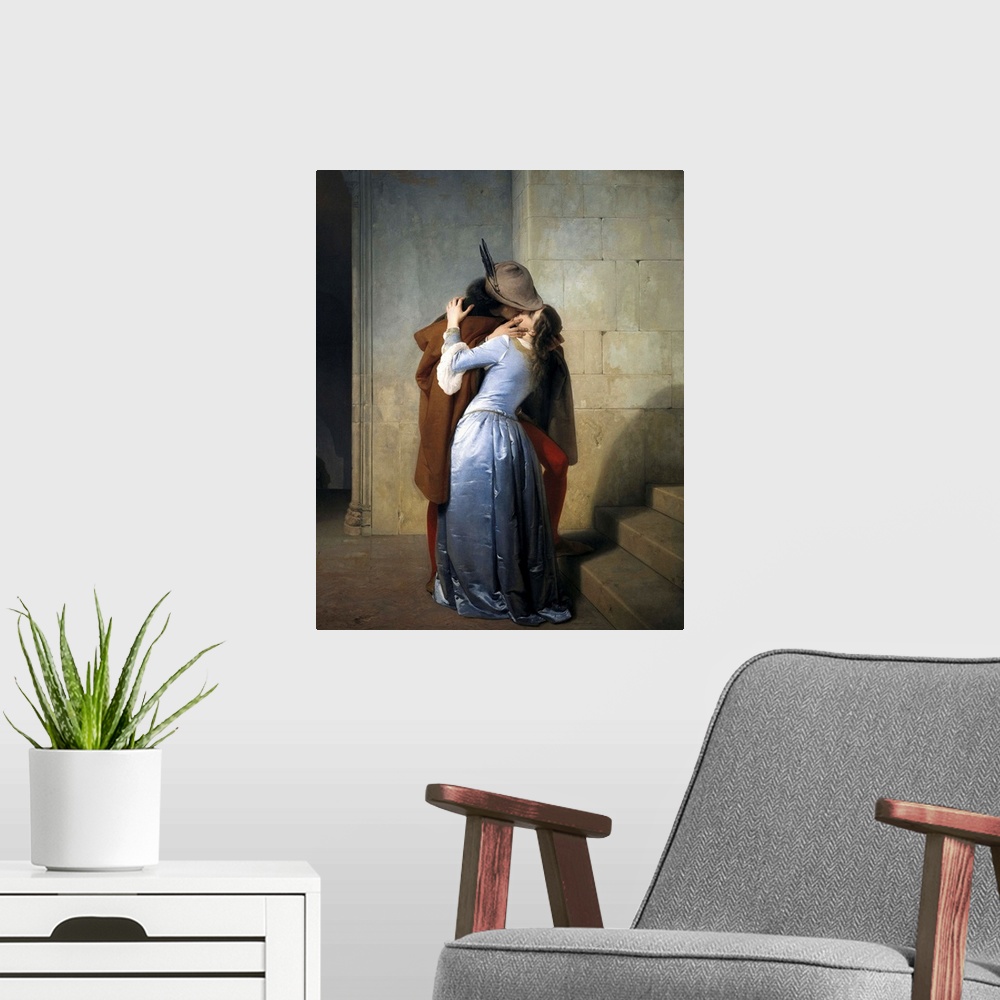 A modern room featuring HAYEZ, Francesco (1791-1882). The kiss. 1859. Romanticism. Oil on canvas. ITALY. Milan. Pinacothe...