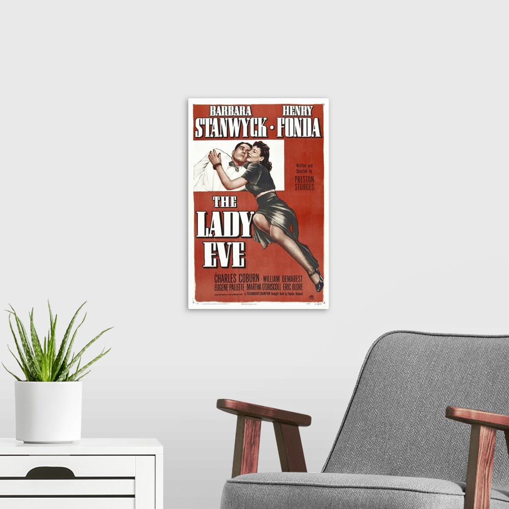 A modern room featuring The Lady Eve - Vintage Movie Poster