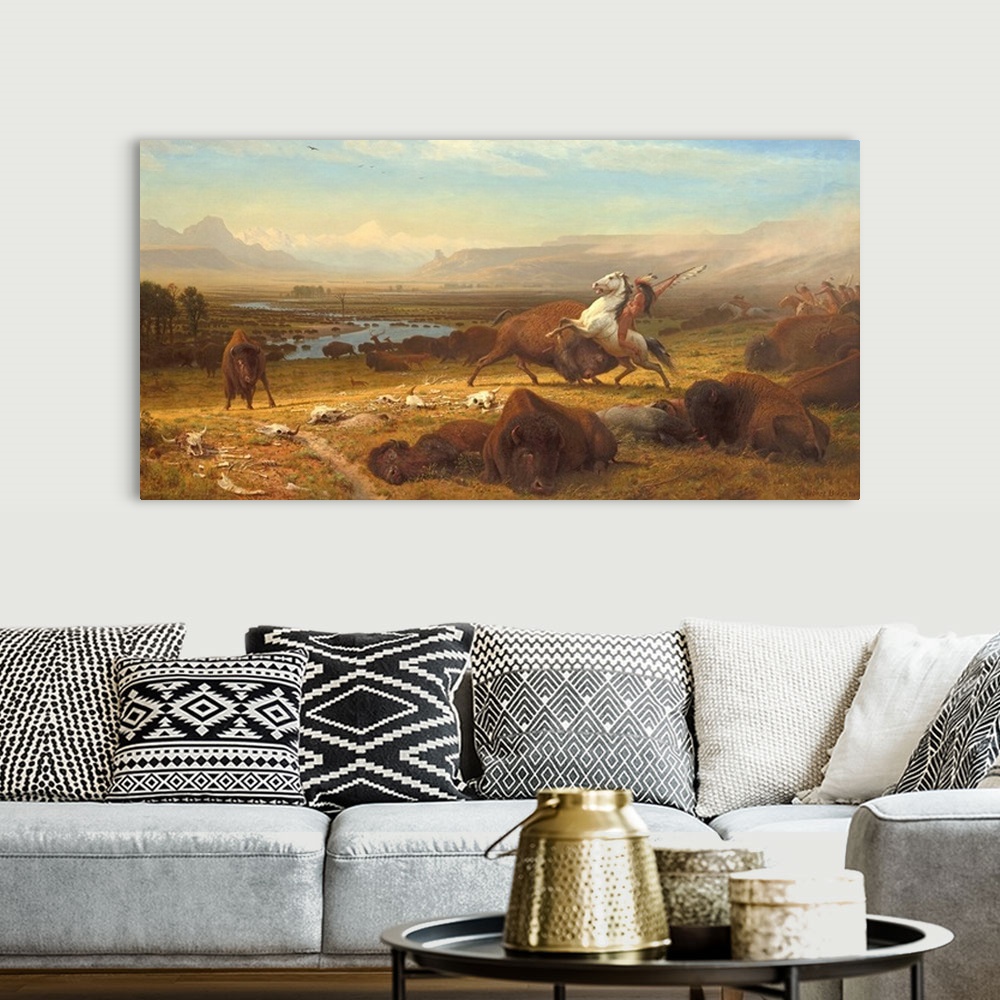 A bohemian room featuring The Last of the Buffalo, by Albert Bierstadt, 1888, American painting, oil on canvas. When painte...