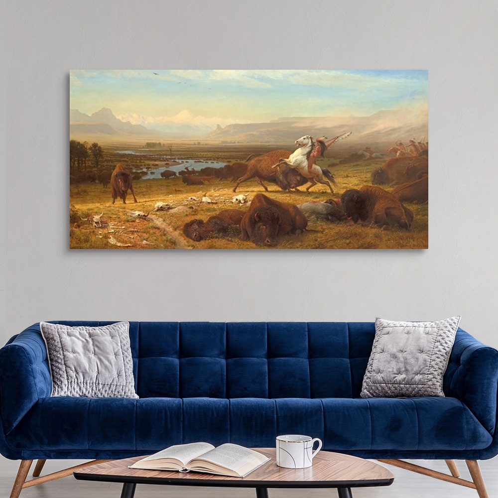 A modern room featuring The Last of the Buffalo, by Albert Bierstadt, 1888, American painting, oil on canvas. When painte...