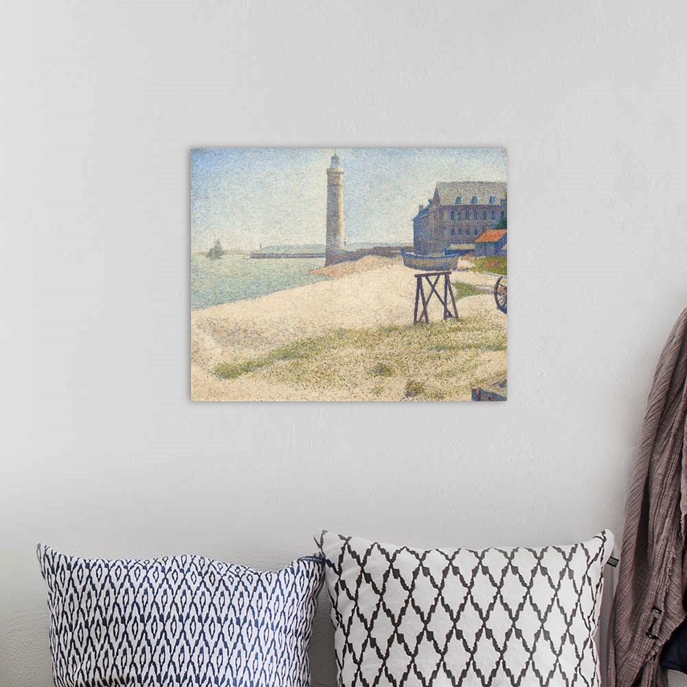 A bohemian room featuring The Lighthouse at Honfleur, by Georges Seurat, 1886, French Post-Impressionist painting, oil on c...