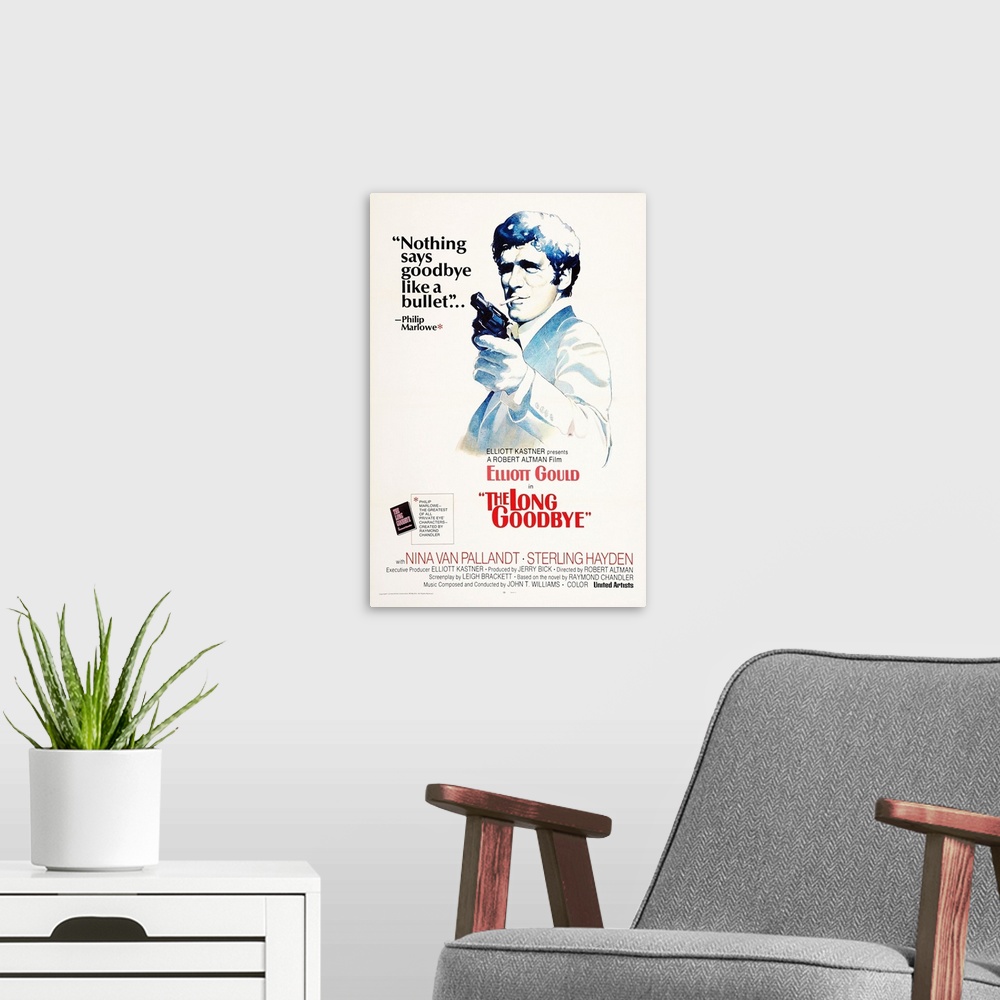 A modern room featuring Retro poster artwork for the film The Long Goodbye.
