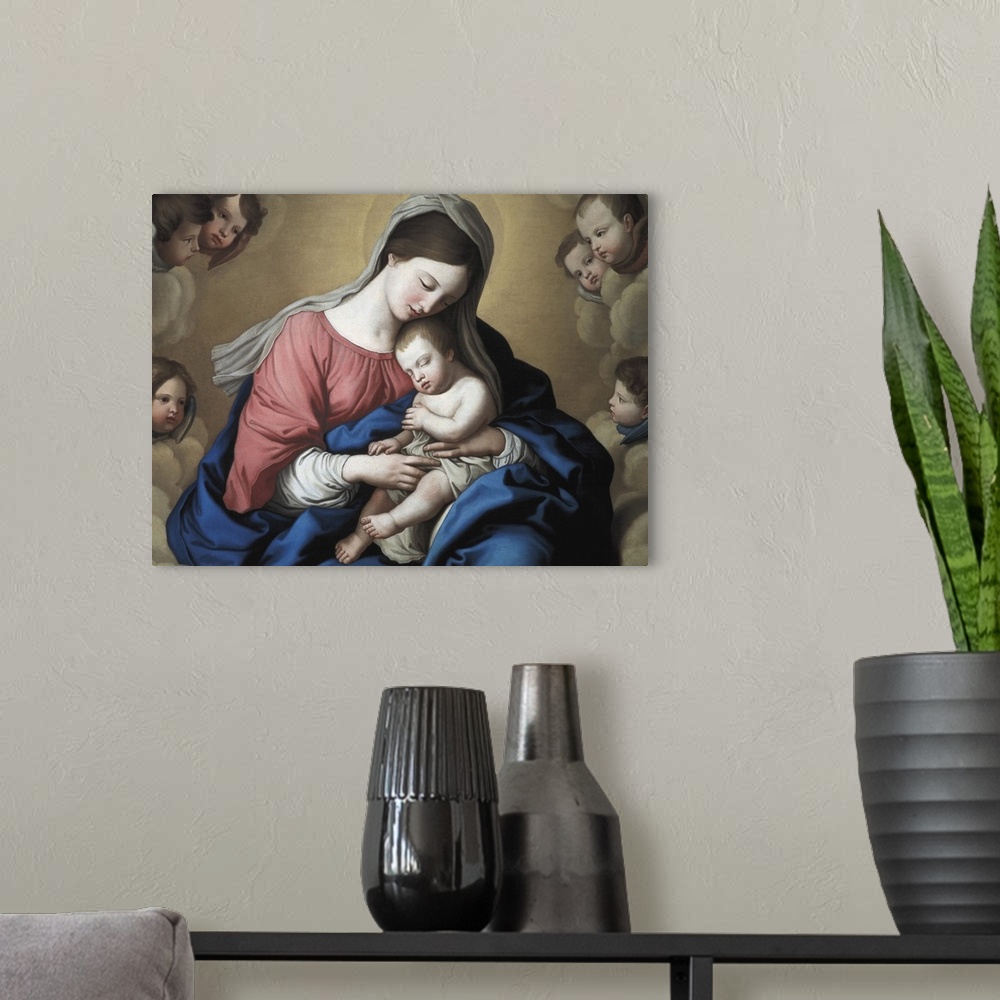 A modern room featuring The Madonna and Child in Glory with Cherubs