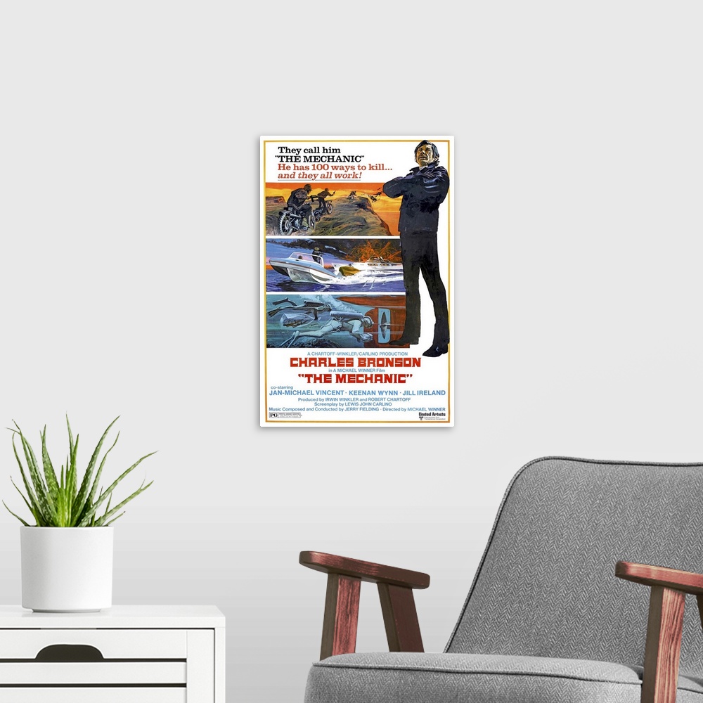 A modern room featuring The Mechanic - Movie Poster