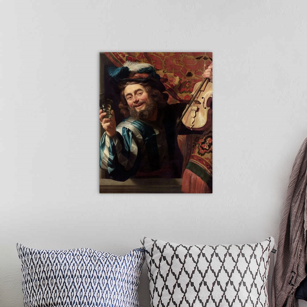 A bohemian room featuring The Merry Fiddler, by Gerard van Honthorst, 1623, Dutch painting, oil on canvas. Wearing extravag...