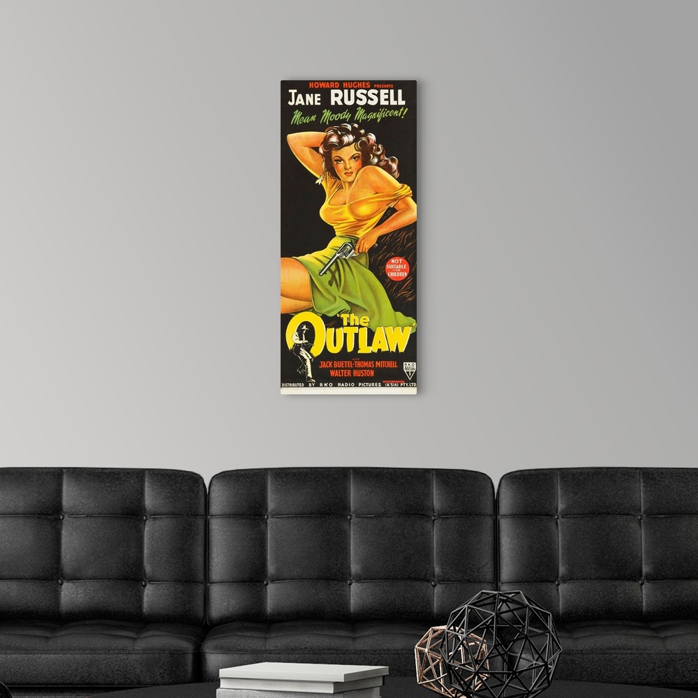 A modern room featuring The Outlaw - Vintage Movie Poster