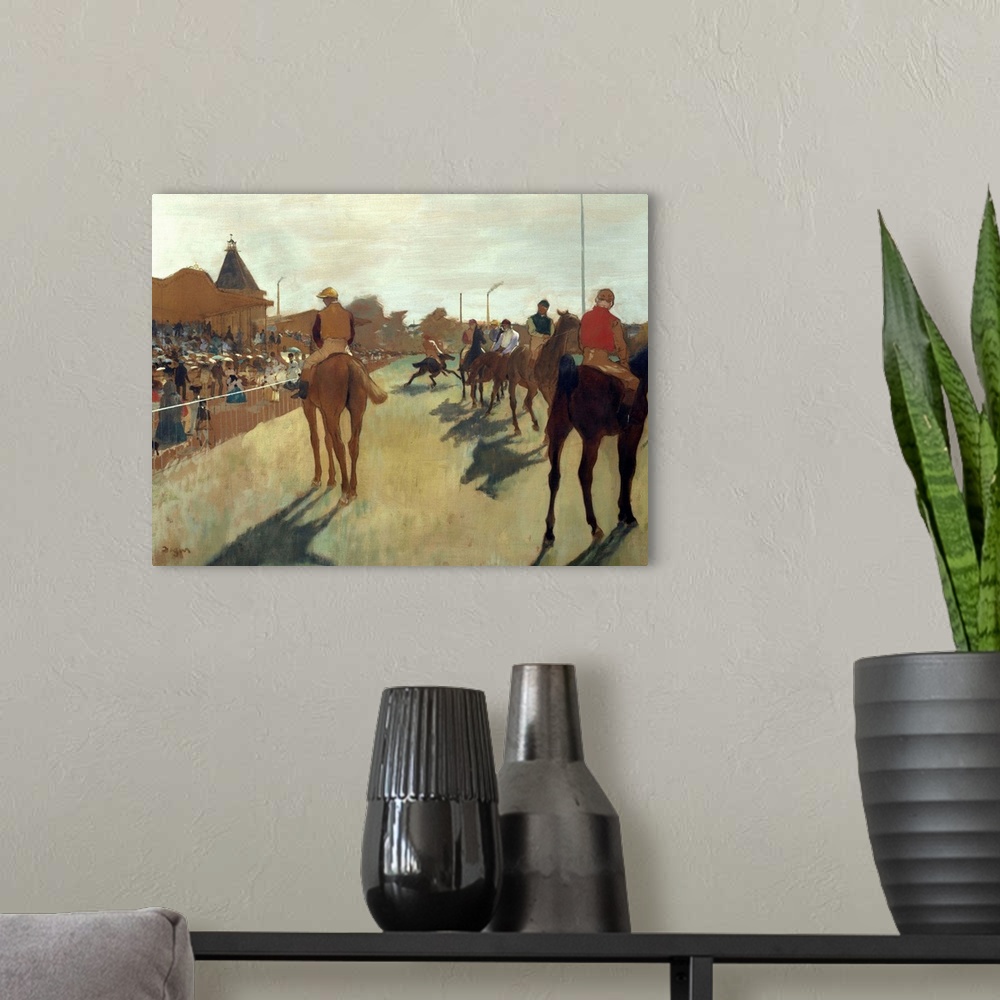 A modern room featuring Edgar Degas, French School. The Parade, also known as Race Horses in front of the Tribunes. Circa...