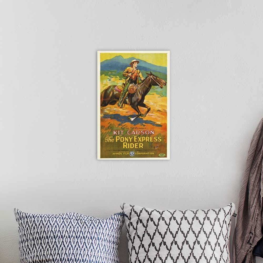 A bohemian room featuring The Pony Express Rider - Vintage Movie Poster