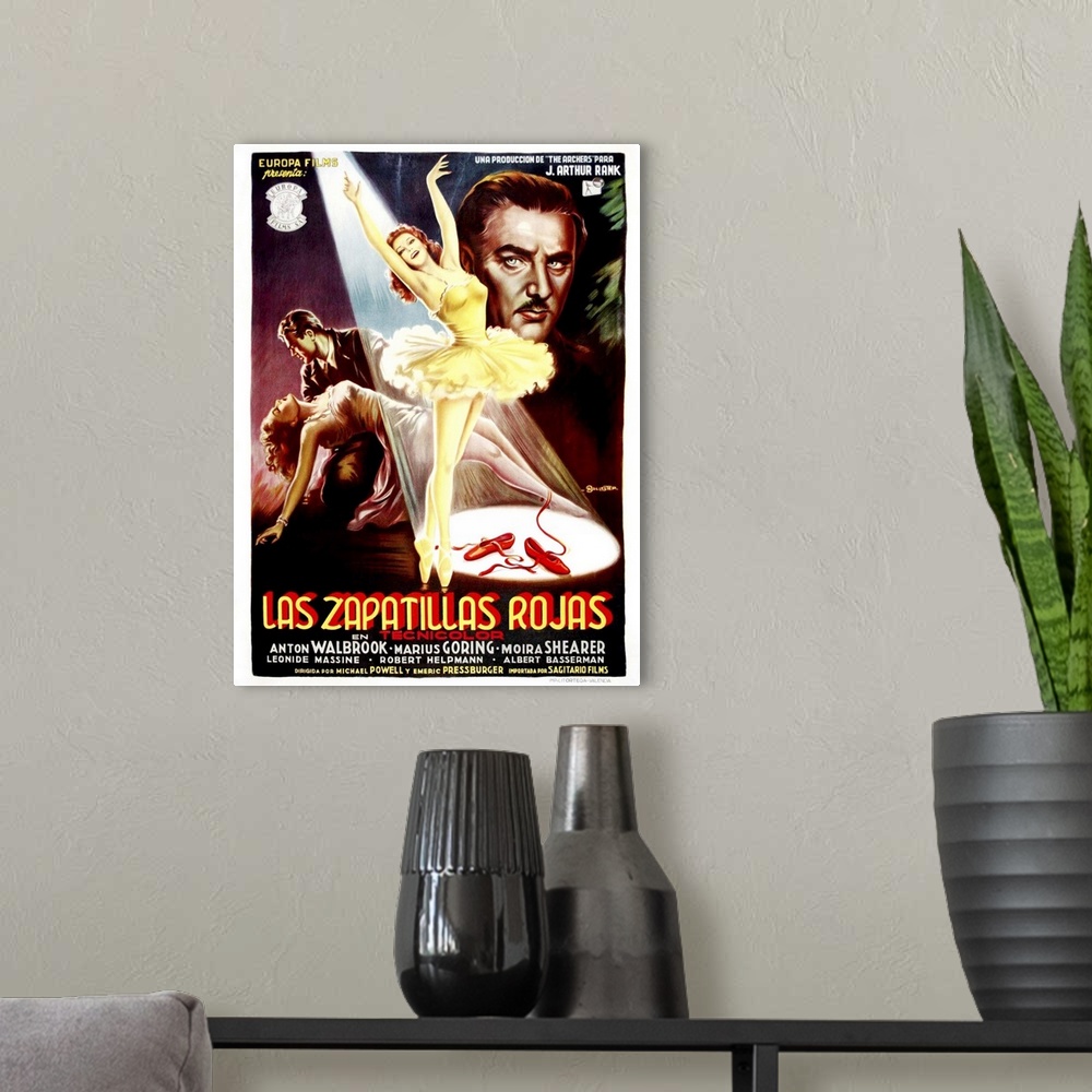 A modern room featuring The Red Shoes, (aka Las Zapatillas Rojas), Poster Art From Spain, From Lower Left: Moira Shearer,...