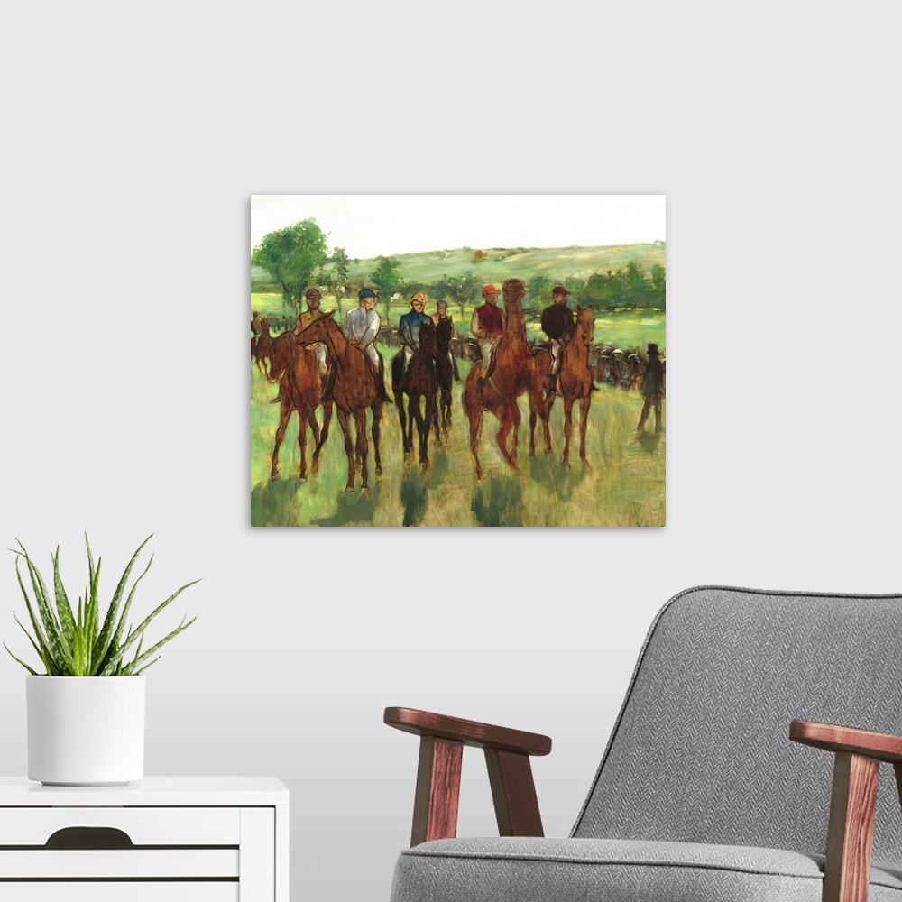 A modern room featuring The Riders, by Edgar Degas, 1885, French impressionist painting, oil on canvas. Degas captured a ...