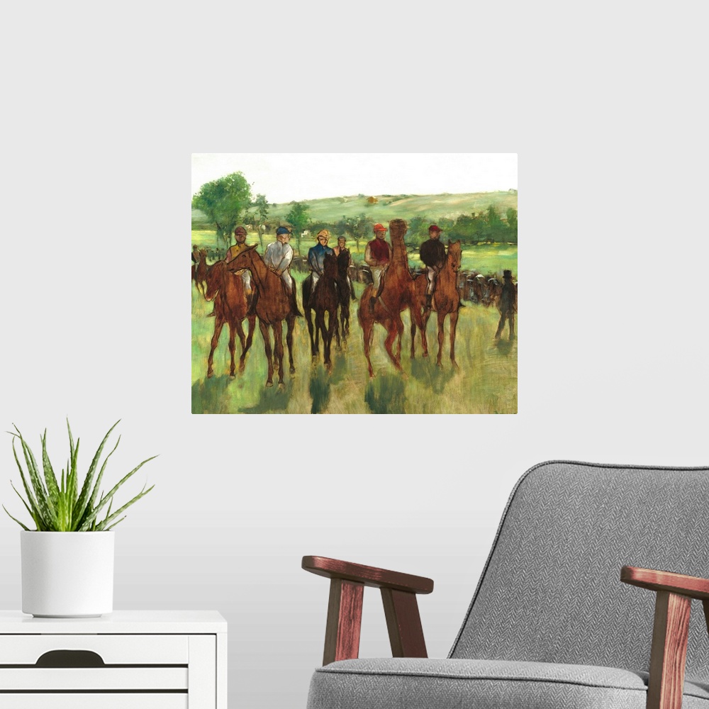 A modern room featuring The Riders, by Edgar Degas, 1885, French impressionist painting, oil on canvas. Degas captured a ...