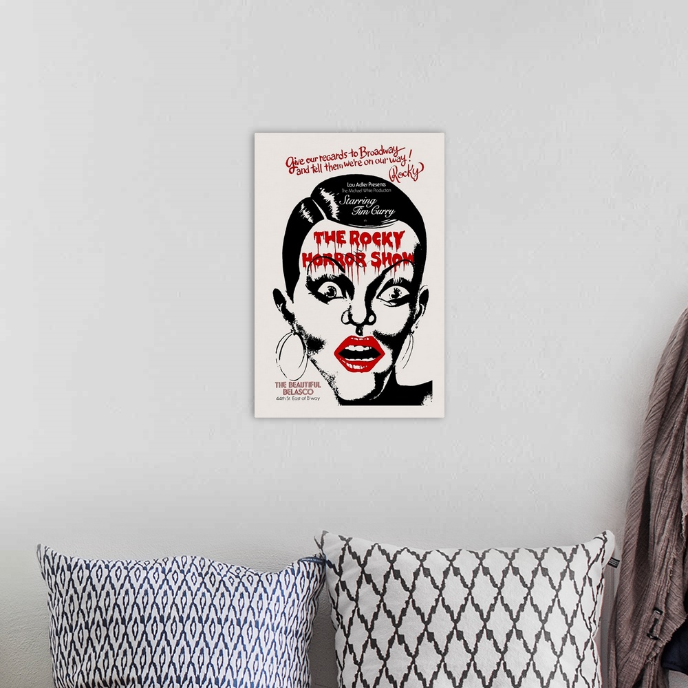 A bohemian room featuring THE ROCKY HORROR SHOW, poster art for the original Broadway run at the Belasco Theatre in New Yor...