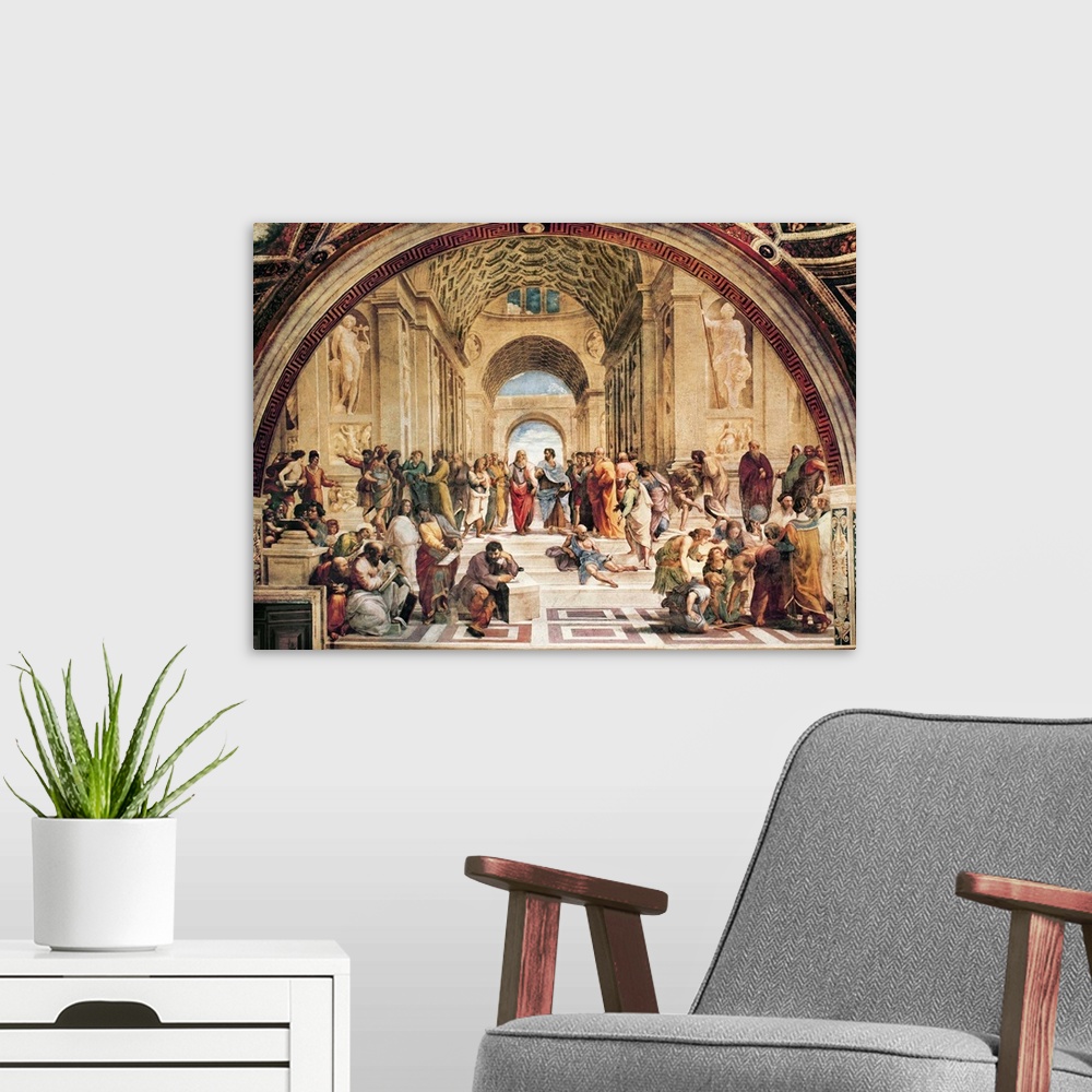 A modern room featuring The School of Athens
