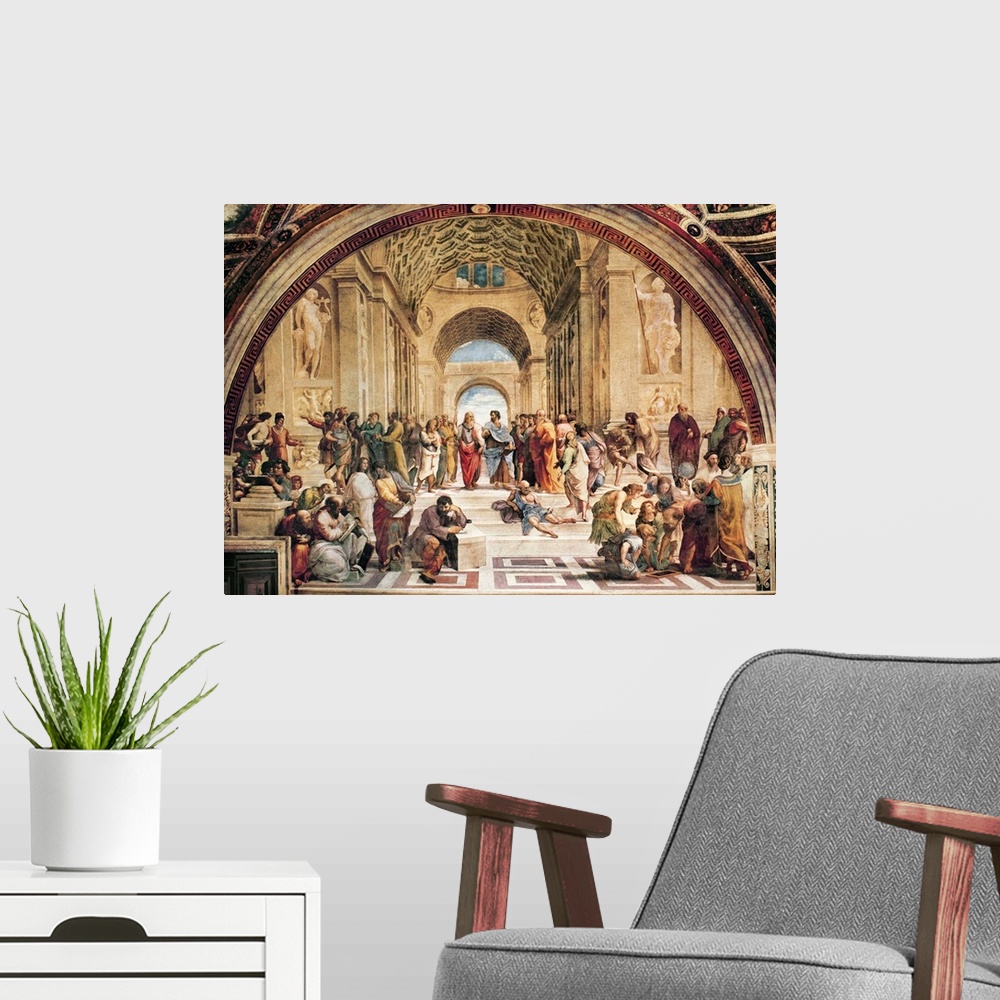A modern room featuring The School of Athens