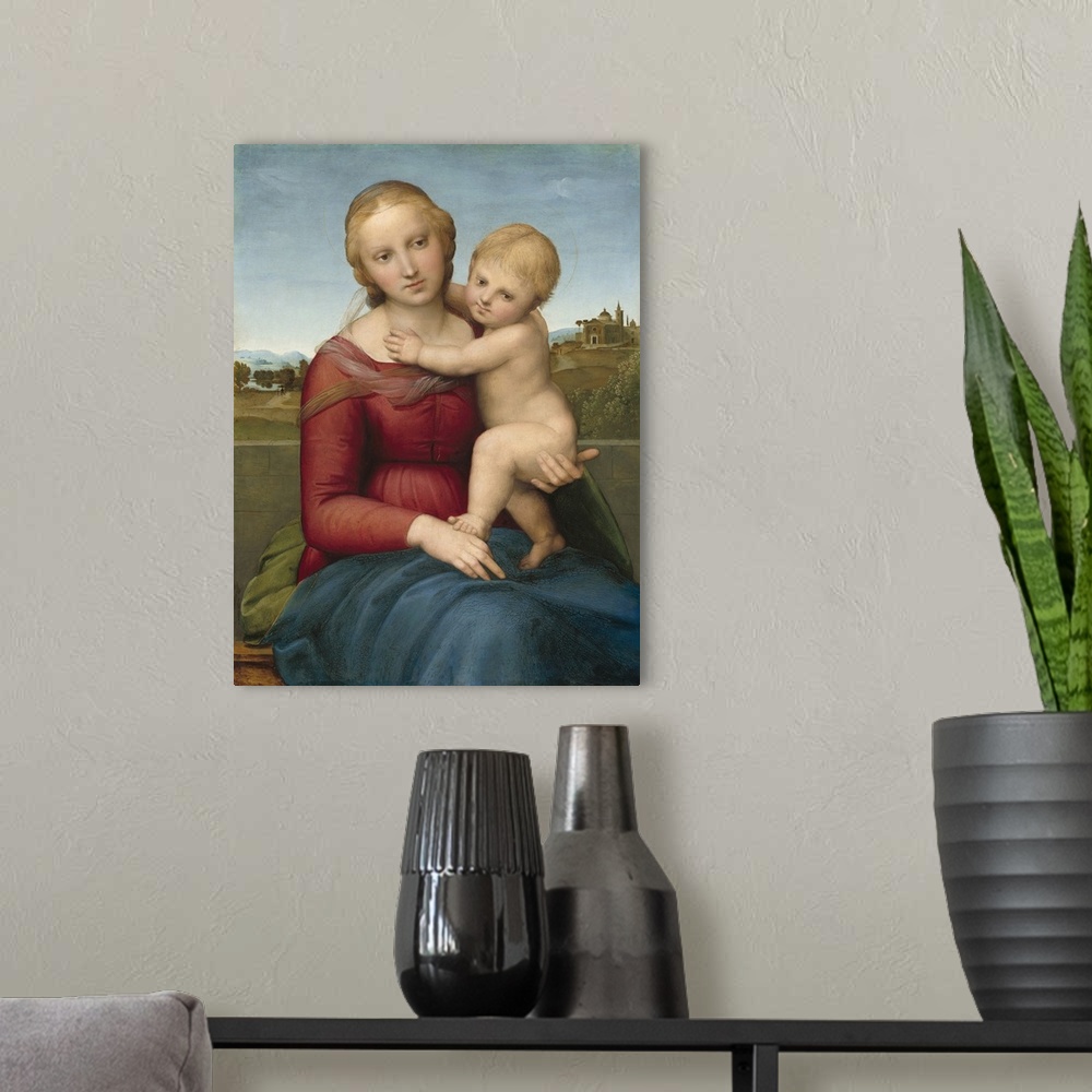 A modern room featuring The Small Cowper Madonna, by Raphael, c. 1505, Italian Renaissance painting, oil on panel. Raphae...