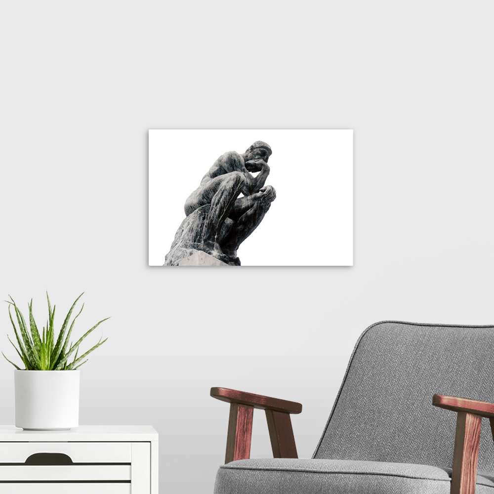 A modern room featuring The Thinker