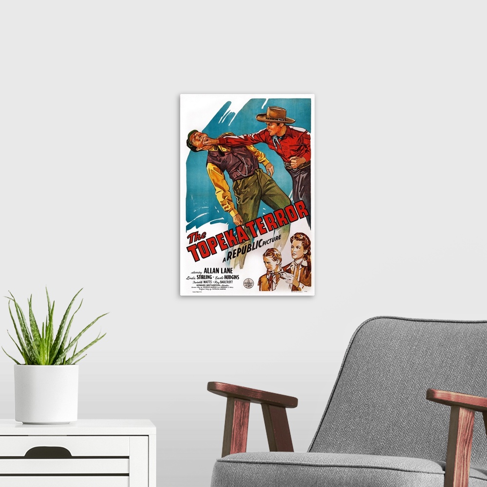 A modern room featuring Retro poster artwork for the film The Topeka Terror.