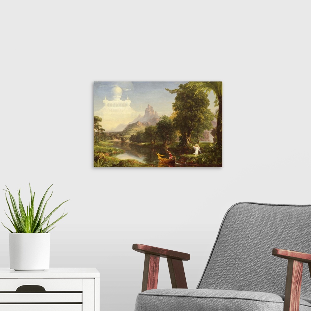 A modern room featuring The Voyage of Life: Childhood, by Thomas Cole, 1842, oil on canvas, American painting, oil on can...