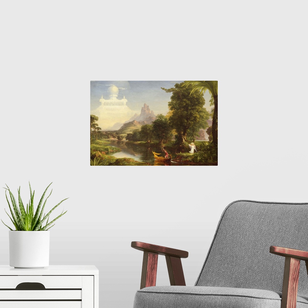 A modern room featuring The Voyage of Life: Childhood, by Thomas Cole, 1842, oil on canvas, American painting, oil on can...