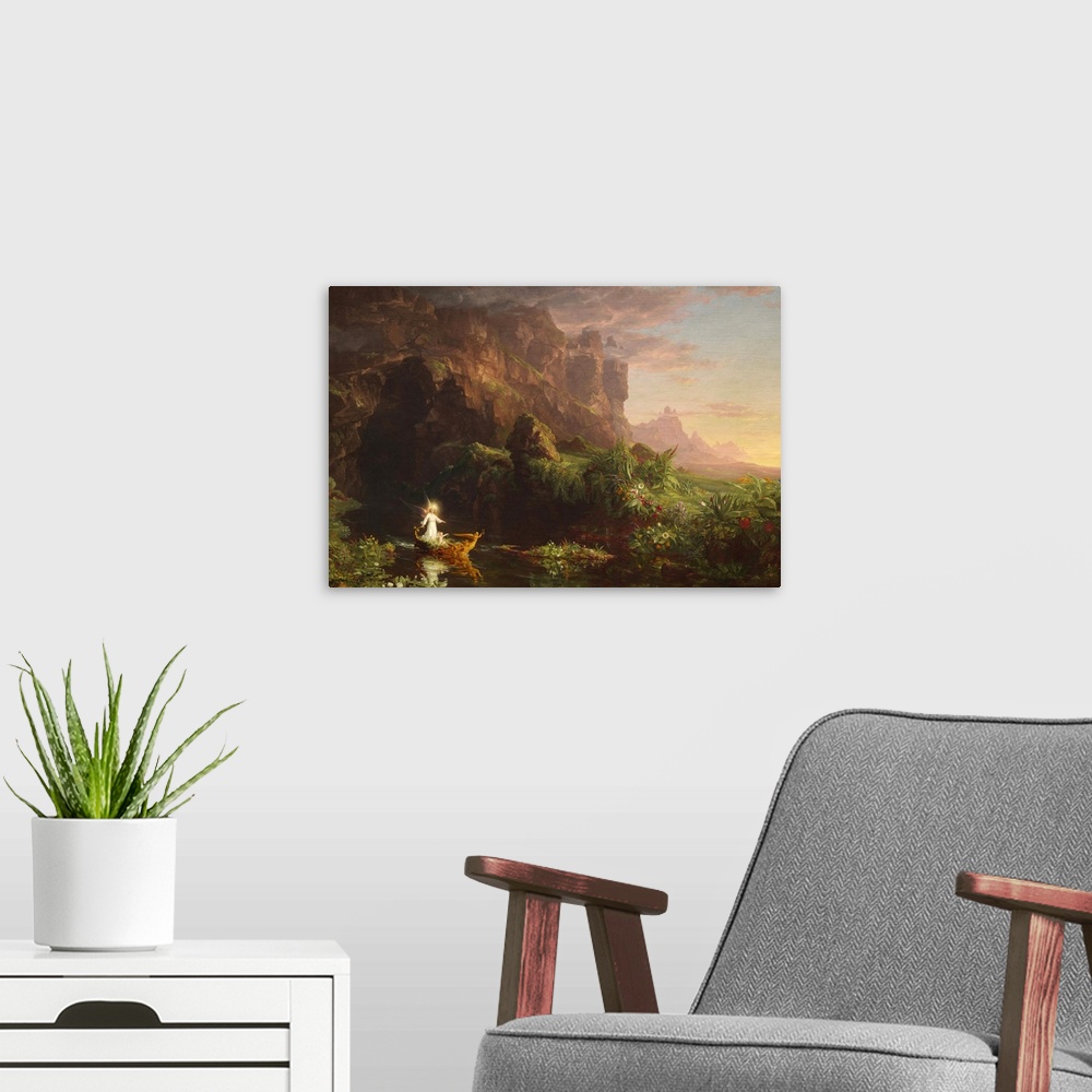 A modern room featuring The Voyage of Life: Youth, by Thomas Cole, 1842, oil on canvas, American painting, oil on canvas....