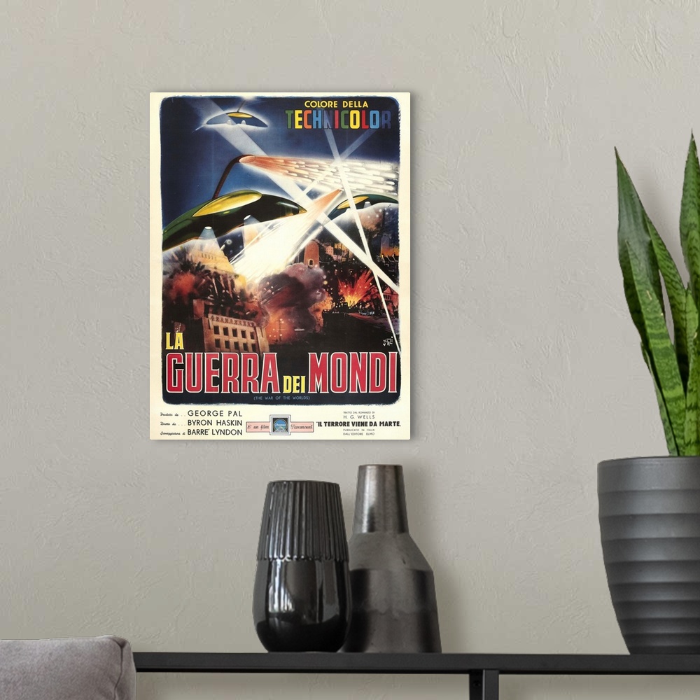 A modern room featuring The War Of The Worlds, (aka La Guerra Dei Mondi), Italian Poster Art, 1953.