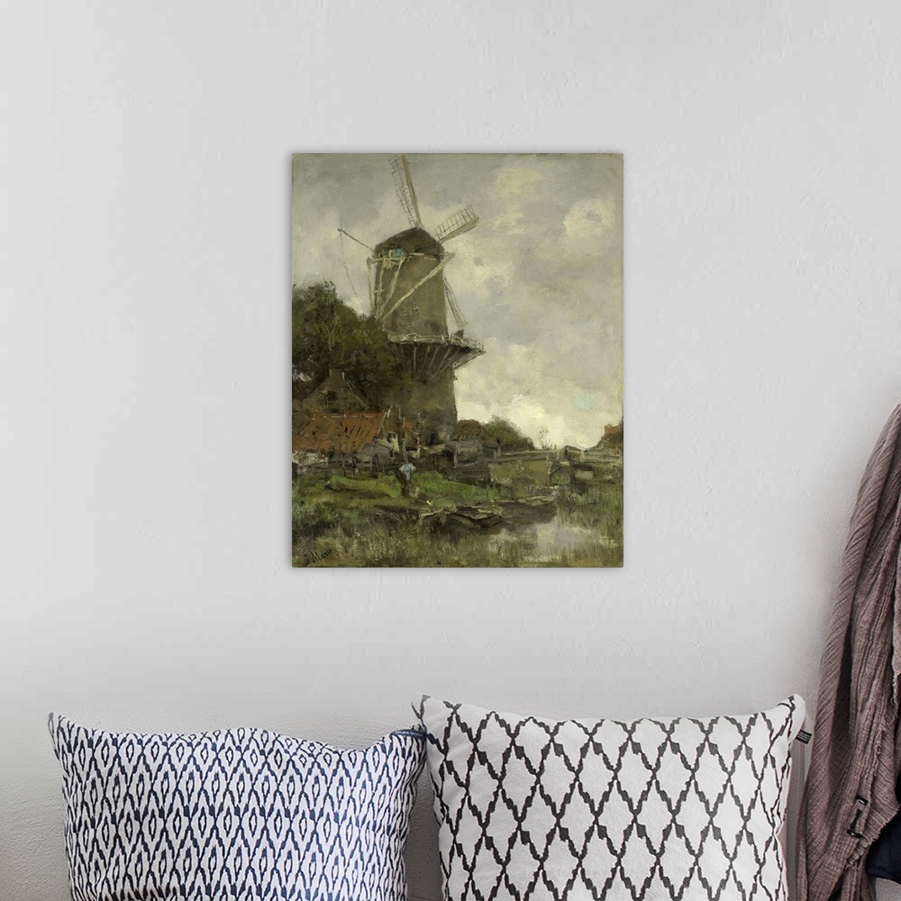 A bohemian room featuring The Windmill, by Jacob Maris, c. 1880-86, Dutch painting, oil on canvas. Windmill behind some hou...