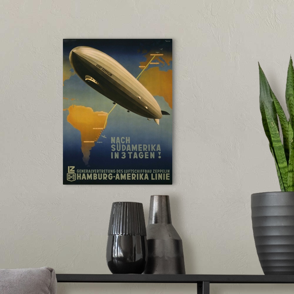 A modern room featuring Three Days to South America! Hamburg-America Line. Travel Poster promoting Graf Zeppelin route fr...