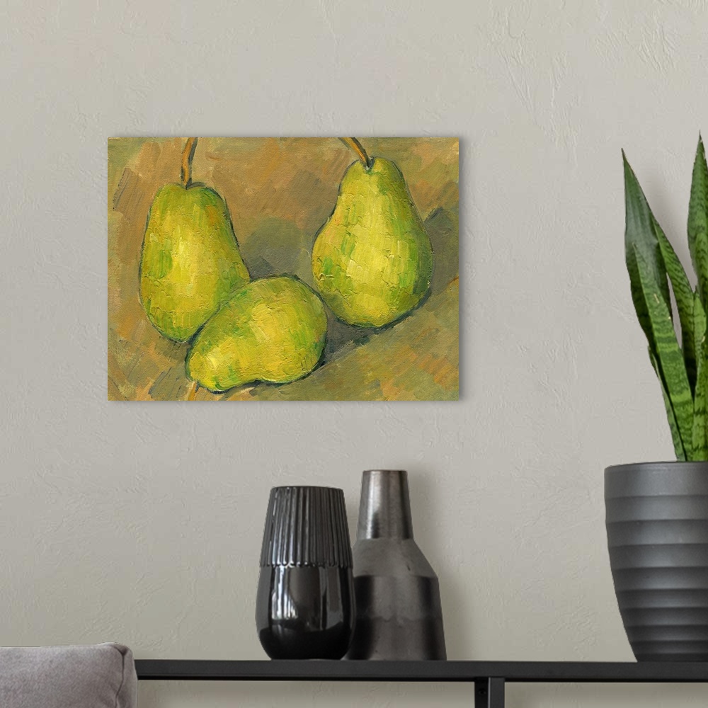 A modern room featuring Three Pears, by Paul Cezanne, 1878-79, French Post-Impressionist painting, oil on canvas. Enterin...