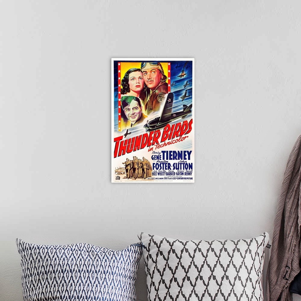 A bohemian room featuring Retro poster artwork for the film Thunder Birds.