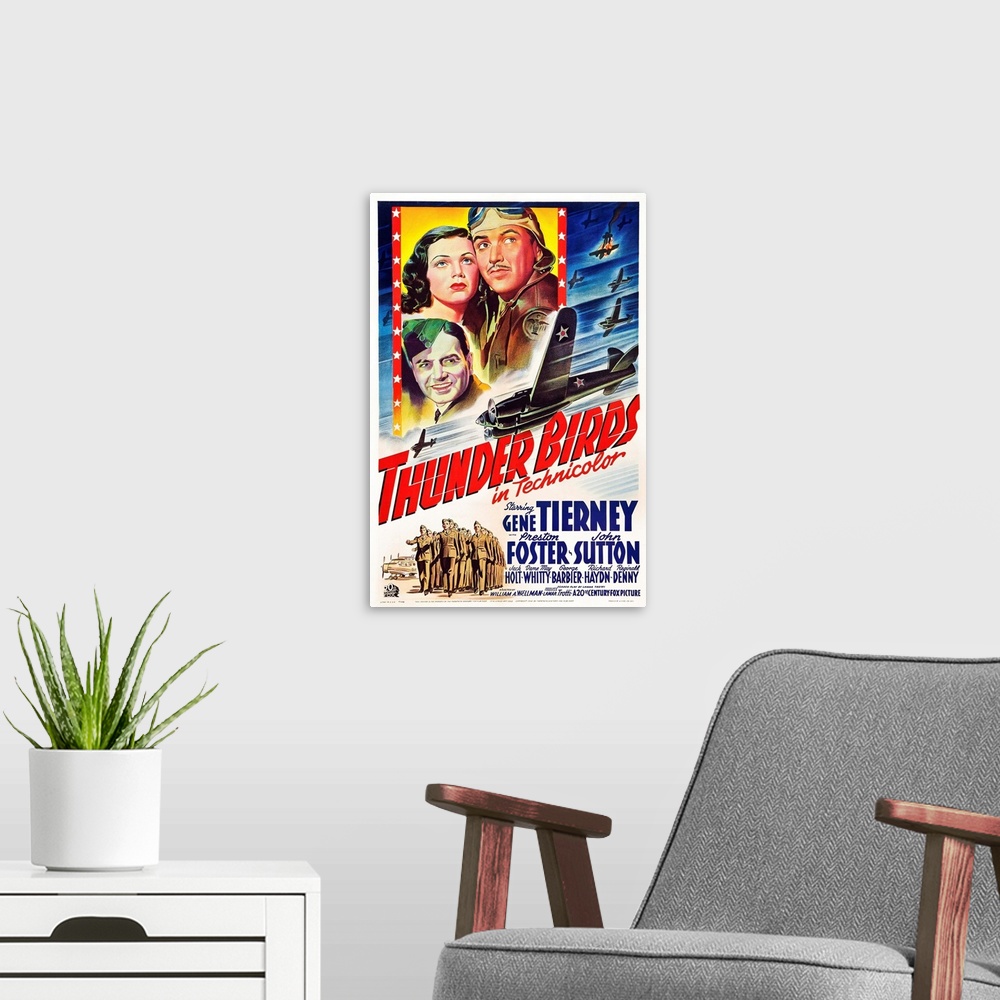 A modern room featuring Retro poster artwork for the film Thunder Birds.