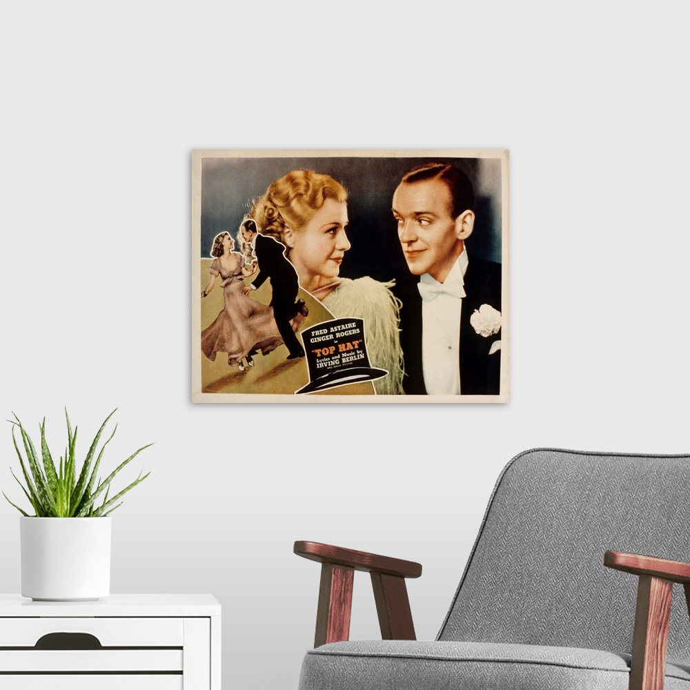 A modern room featuring TOP HAT, (lobbycard), Ginger Rogers, Fred Astaire, 1935