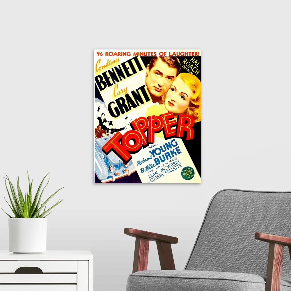 A modern room featuring TOPPER, from left: Cary Grant, Constance Bennett on window card, 1937