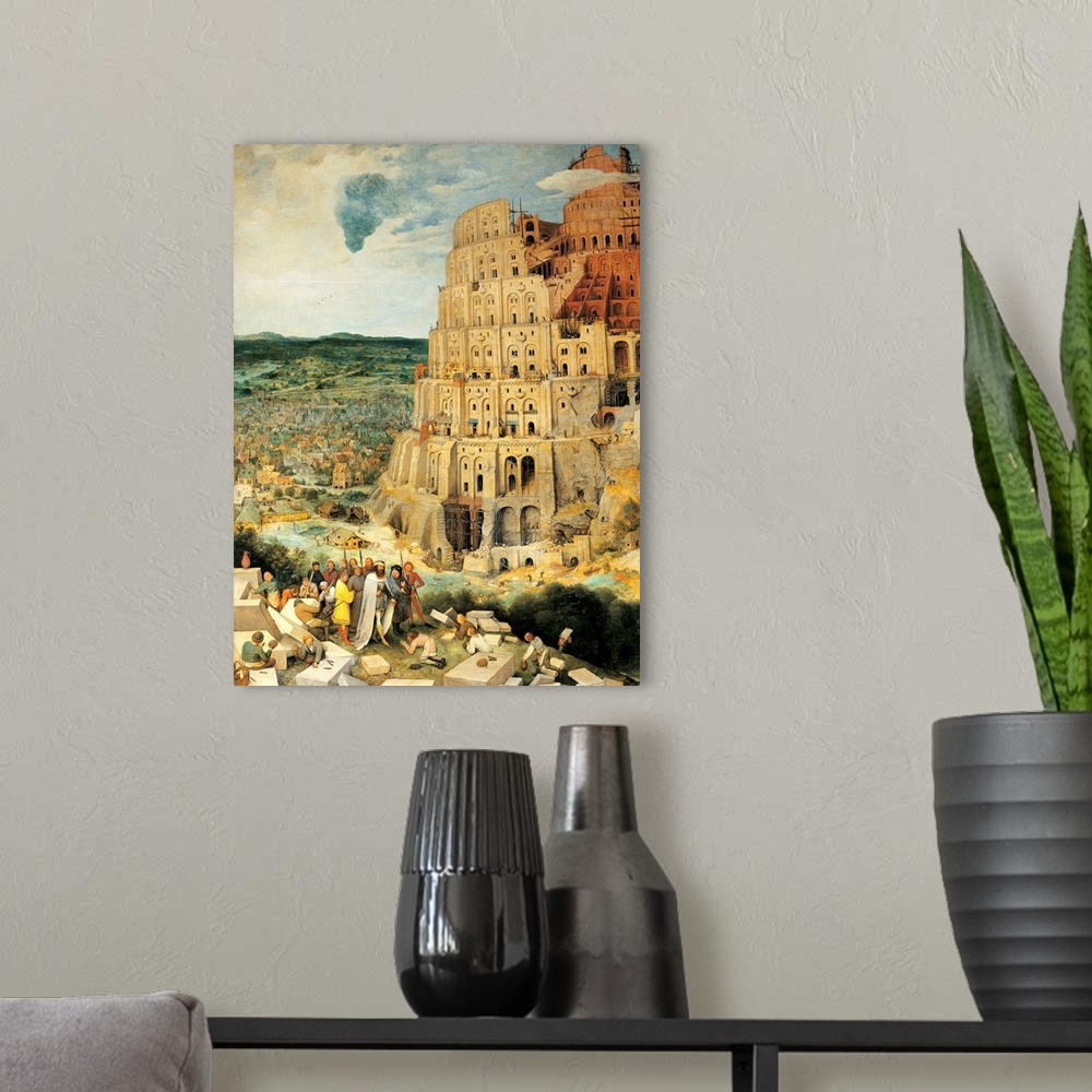 A modern room featuring The Tower of Babel, by Pieter il Vecchio Bruegel, 1563, 16th Century, oil on panel, cm 114 x 155 ...