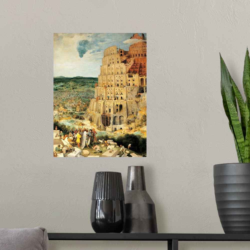 A modern room featuring The Tower of Babel, by Pieter il Vecchio Bruegel, 1563, 16th Century, oil on panel, cm 114 x 155 ...