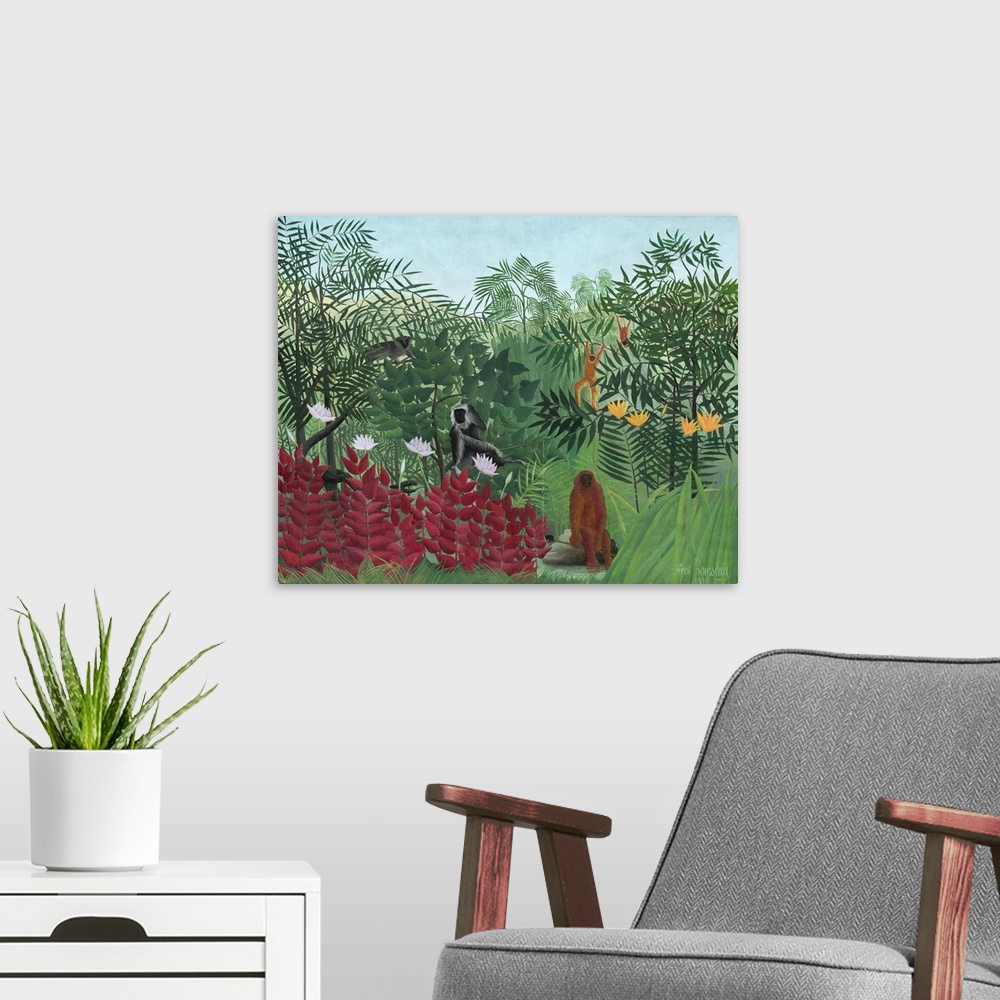 A modern room featuring Tropical Forest with Monkeys, by Henri Rousseau, 1910, French painting, oil on canvas. Rousseau e...