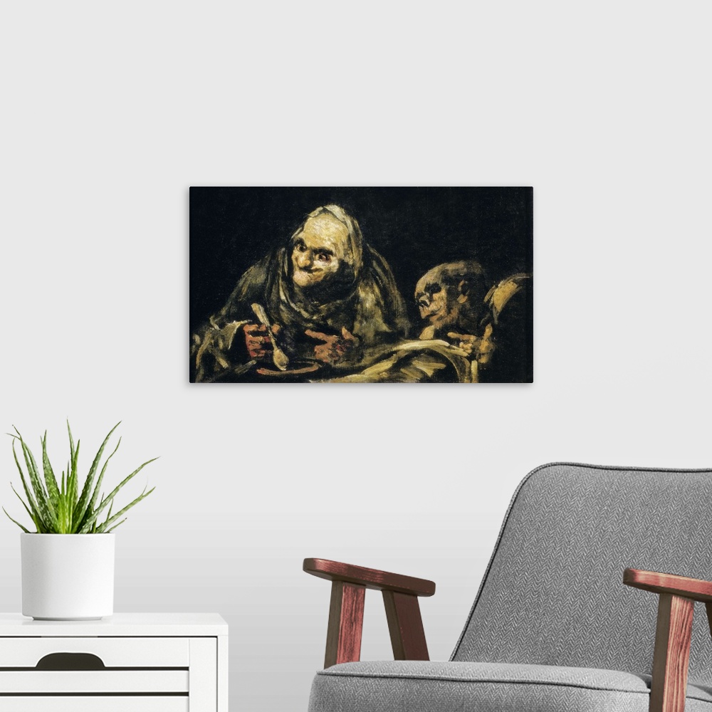 A modern room featuring Two Old Men Eating