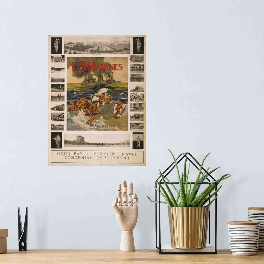 A bohemian room featuring U.S. Marines recruitment poster