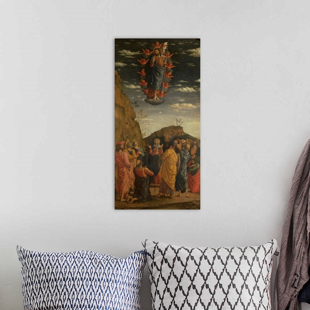 A bohemian room featuring Mantegna Andrea, Triptych of the Uffizi. Ascension of the Christ, 1460, 15th Century, tempera on ...