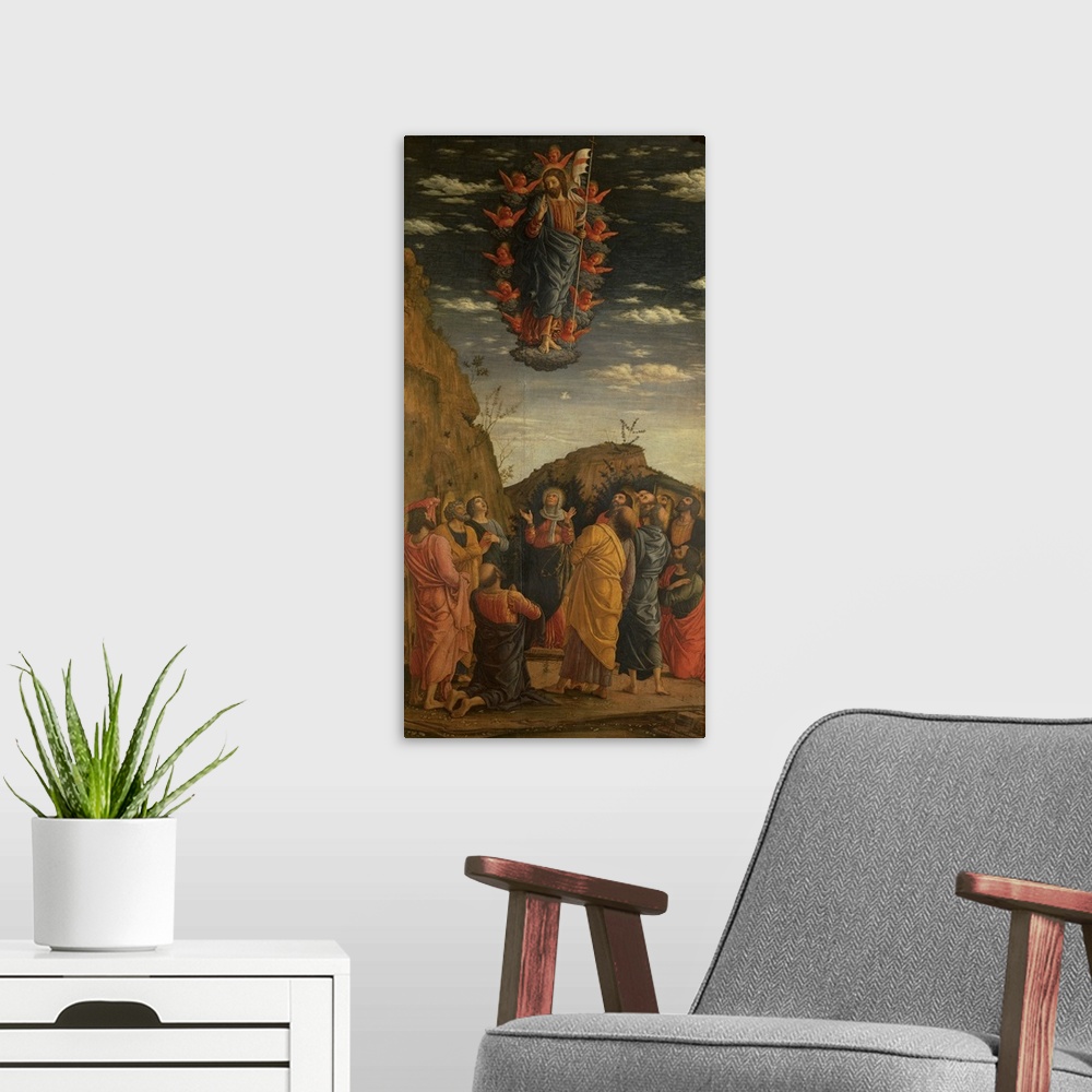 A modern room featuring Mantegna Andrea, Triptych of the Uffizi. Ascension of the Christ, 1460, 15th Century, tempera on ...