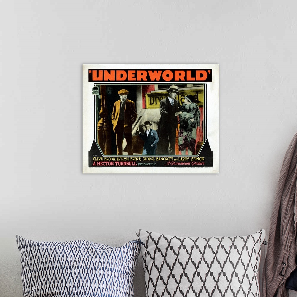 A bohemian room featuring Underworld, US Lobbycard, Clive Brook, Larry Semon, George Bancroft, Evelyn Brent, 1927.