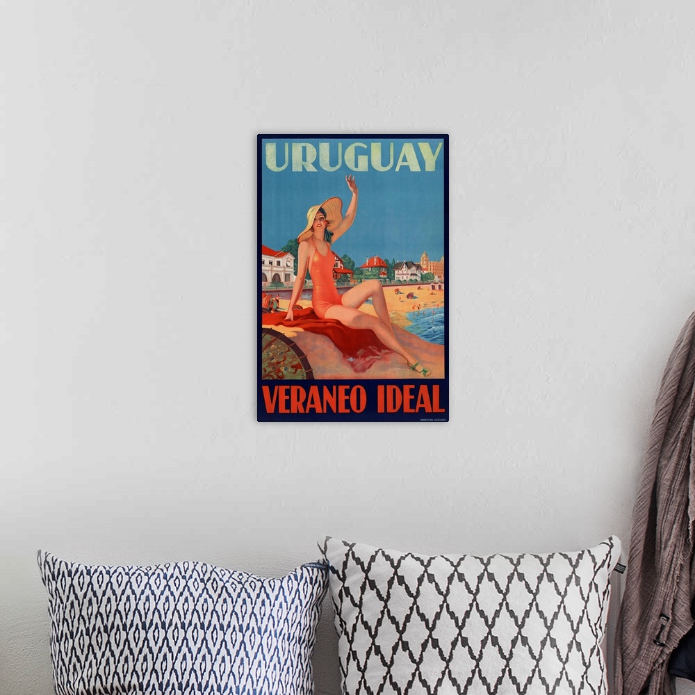 A bohemian room featuring Uruguay, Veraneo Ideal. (Uruguay-Ideal Summer Holiday). 1930s travel poster shows a bathing beaut...